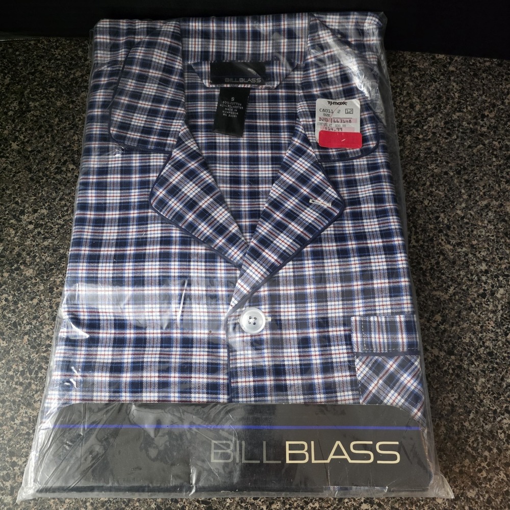 Vintage Bill Blass Pajama Set Men's Small Plaid Blue White Red NOS Deadstock